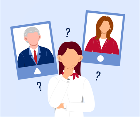 Person considering two opposing people